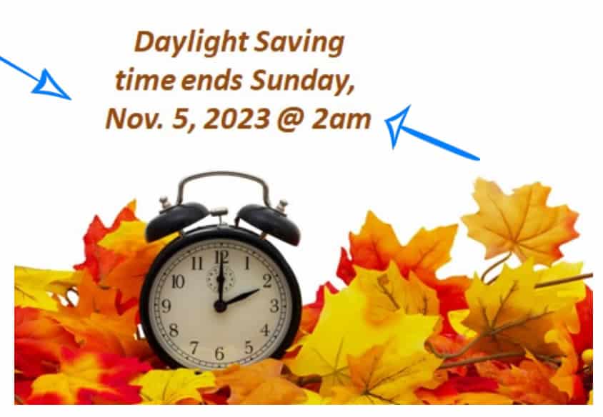 Clock with words that say Daylight Saving time ends Sunday, Nov. 5, 2023 @2am